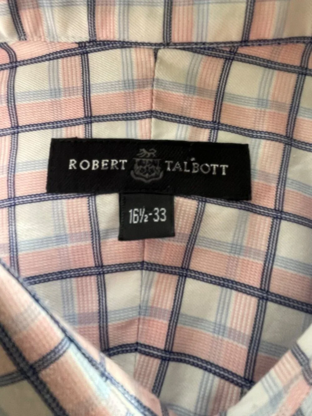 Robert Talbott Mens Button-Down Shirt 16.5 x 33 Plaid Pink & Blue Long Sleeve Co